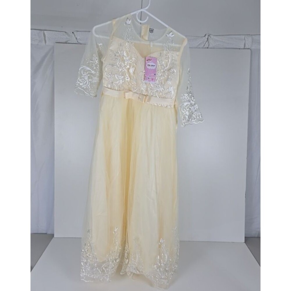 Ivory Floral Embroidered Dress Girls 16/18 Junior S 3/4 Sleeve 45" Tea Length